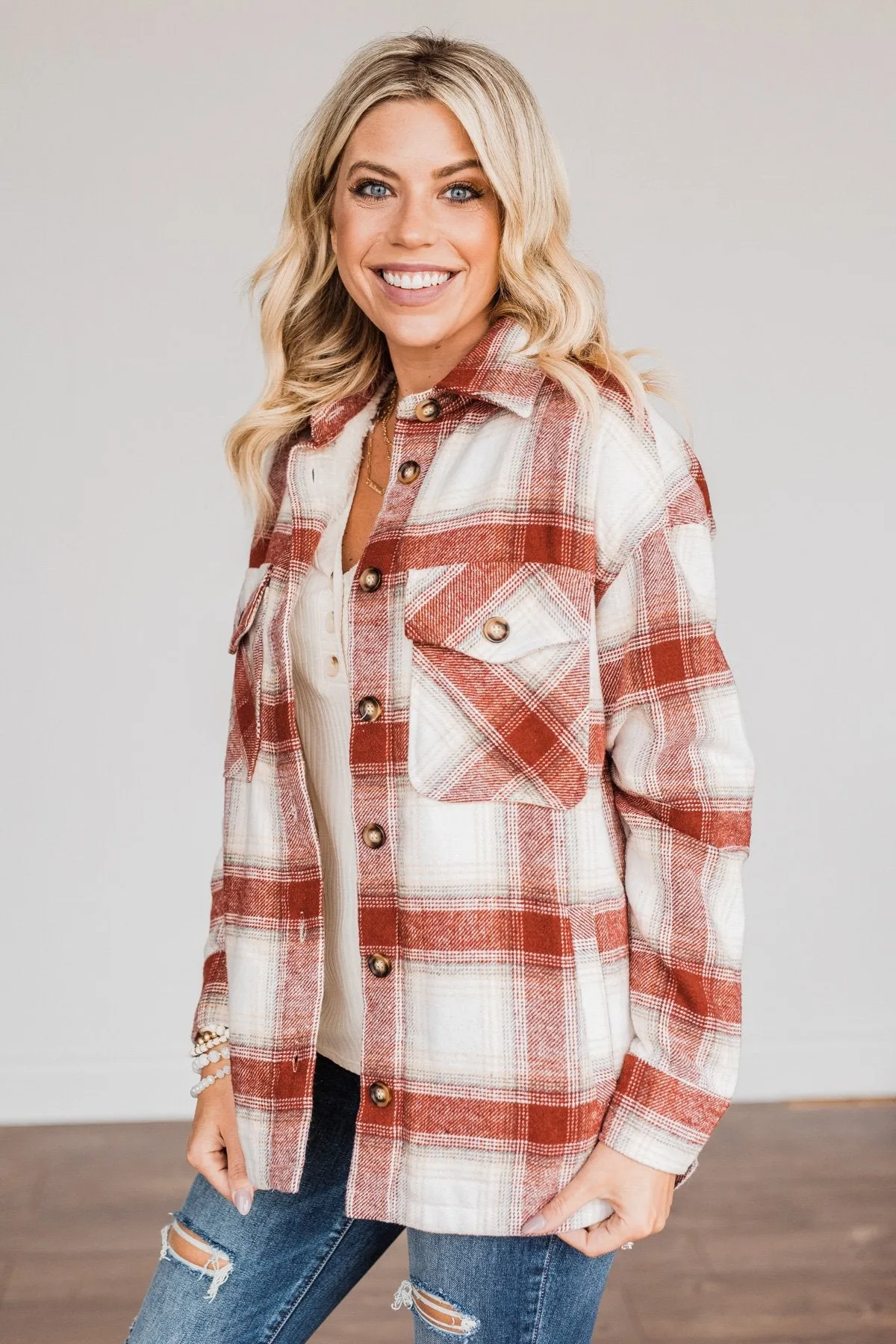 Winter Days Plaid Button Down Jacket- Red & Ivory