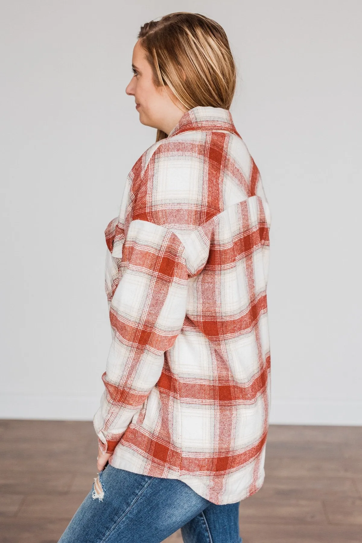 Winter Days Plaid Button Down Jacket- Red & Ivory