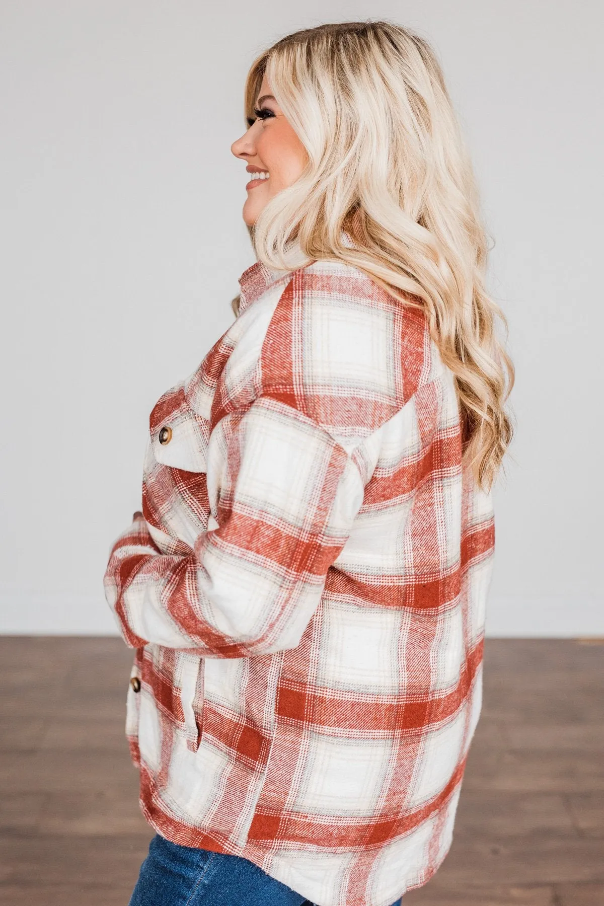 Winter Days Plaid Button Down Jacket- Red & Ivory