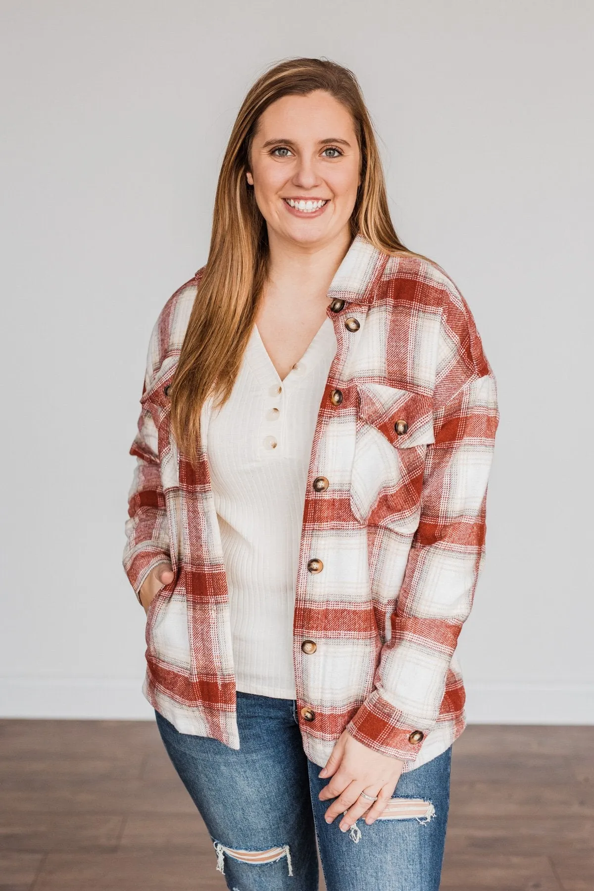 Winter Days Plaid Button Down Jacket- Red & Ivory