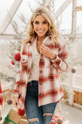 Winter Days Plaid Button Down Jacket- Red & Ivory