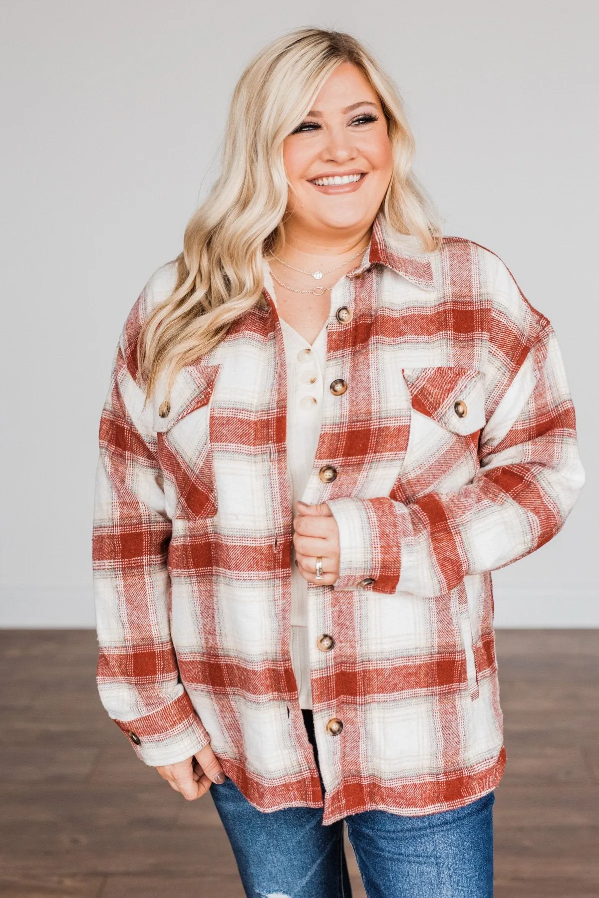 Winter Days Plaid Button Down Jacket- Red & Ivory