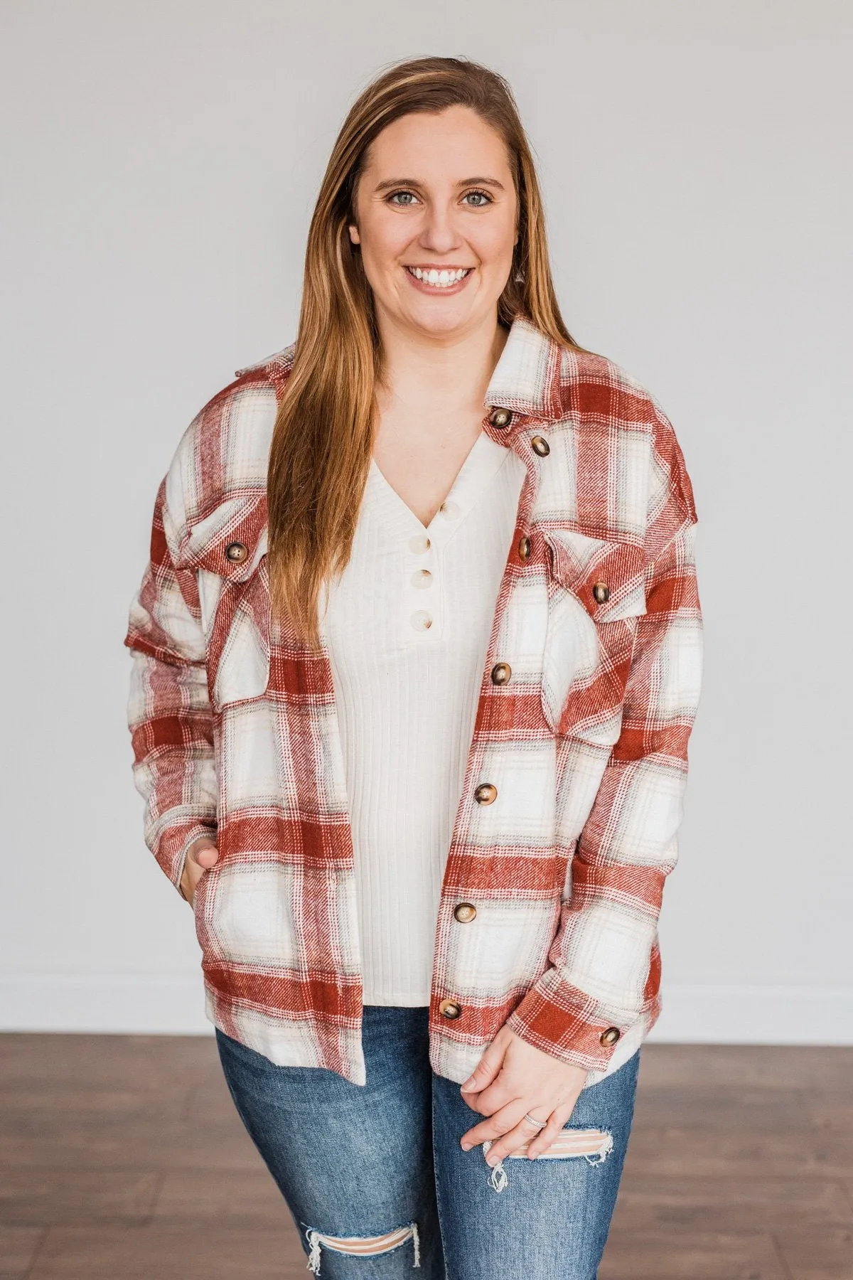 Winter Days Plaid Button Down Jacket- Red & Ivory