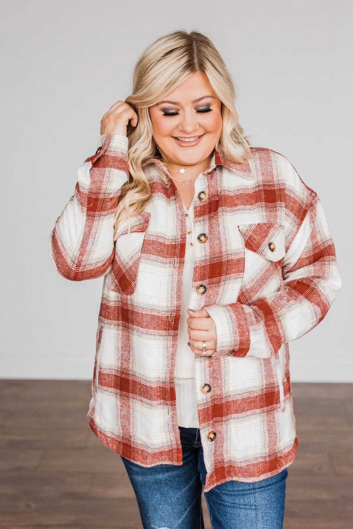 Winter Days Plaid Button Down Jacket- Red & Ivory