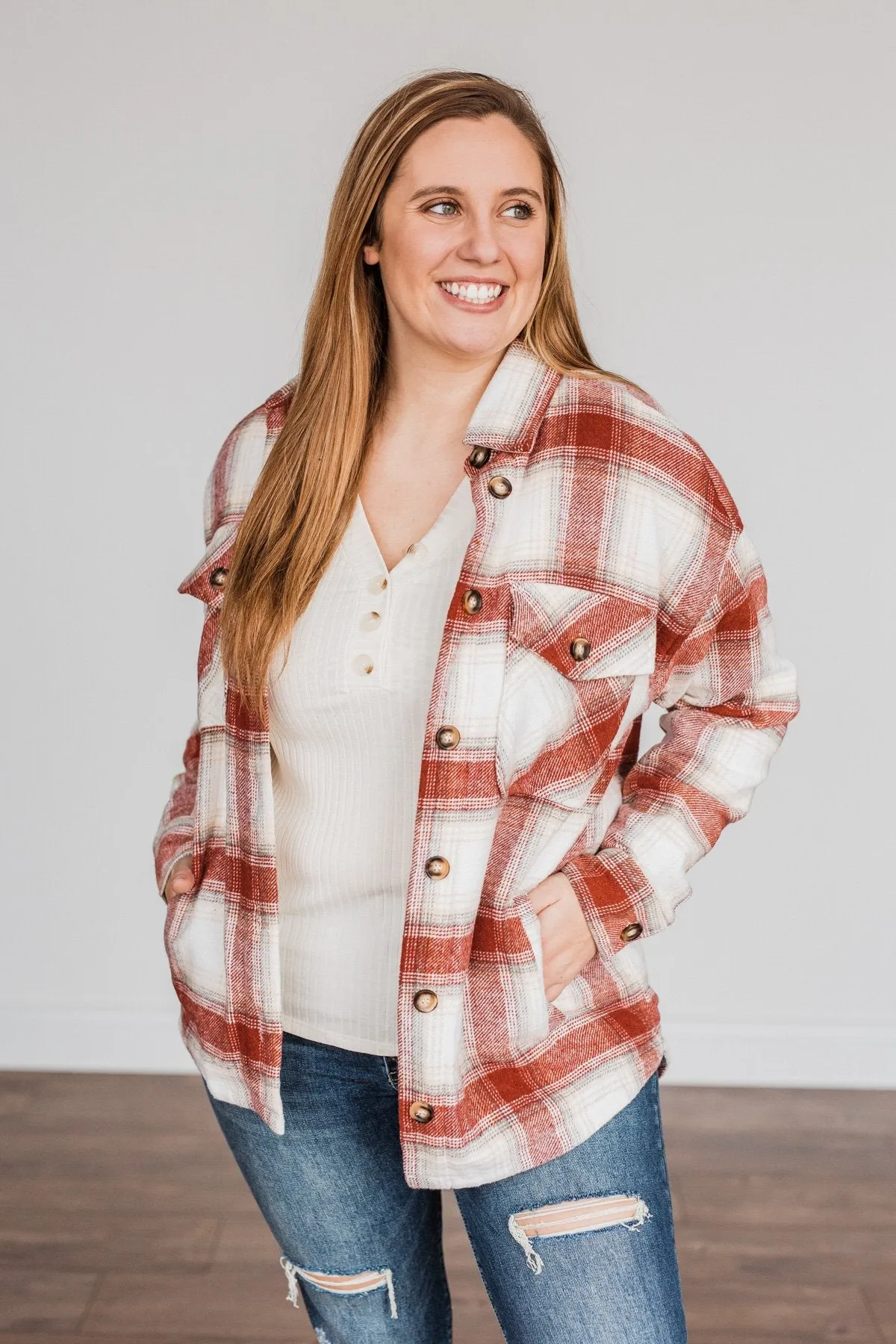 Winter Days Plaid Button Down Jacket- Red & Ivory