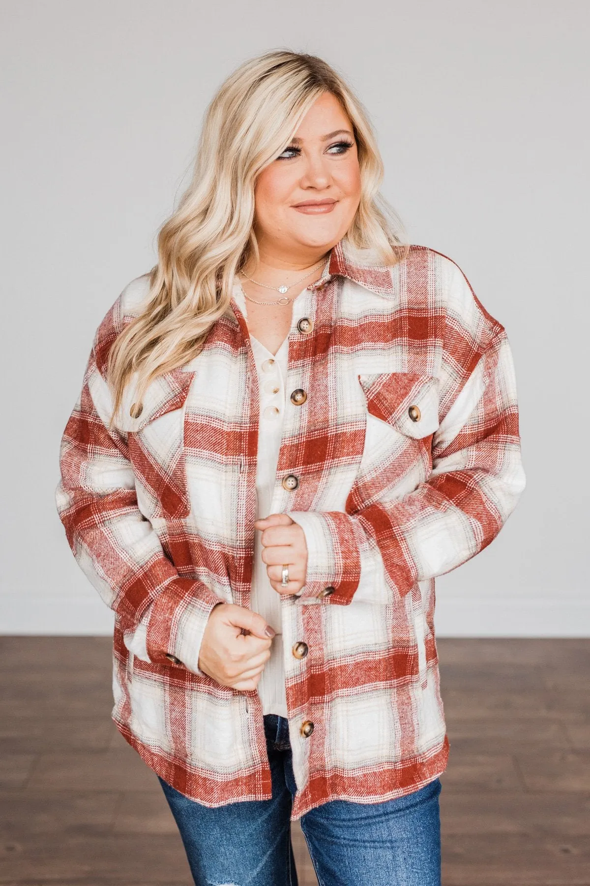 Winter Days Plaid Button Down Jacket- Red & Ivory