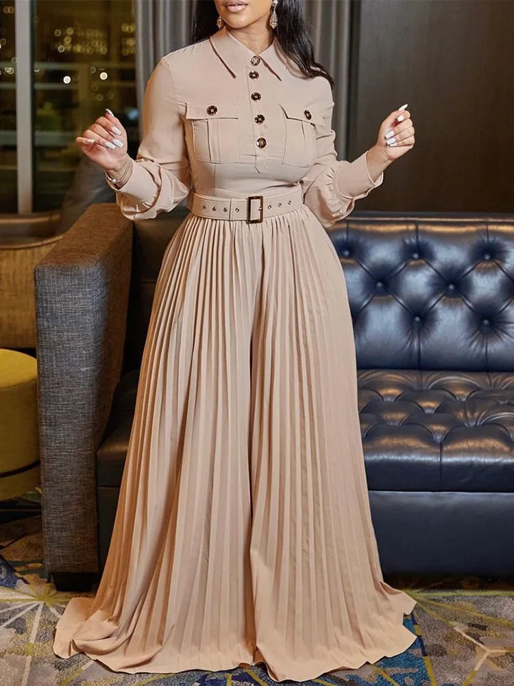 Women Long Sleeve Buttons Up Pleated Jumpsuit Loose Belted Overalls