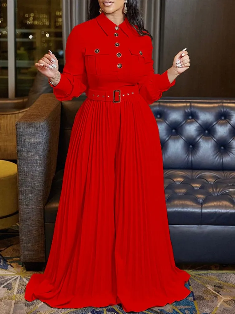 Women Long Sleeve Buttons Up Pleated Jumpsuit Loose Belted Overalls