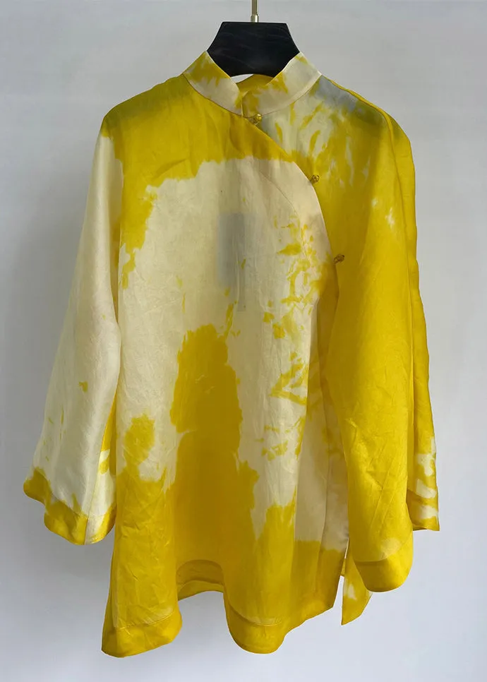 Women Yellow Stand Collar Button Cotton Shirt Long Sleeve QA1084