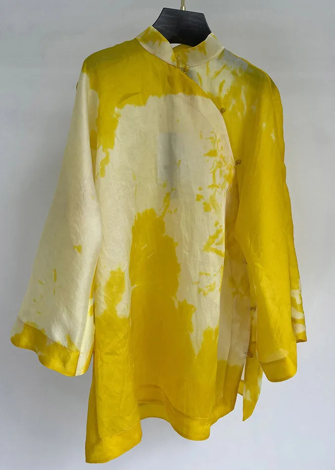 Women Yellow Stand Collar Button Cotton Shirt Long Sleeve QA1084